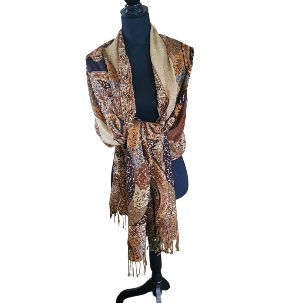 Vintage Collection XIIX Ltd Wrap Shawl Scarf Black Brown Tan Metallic Highlight